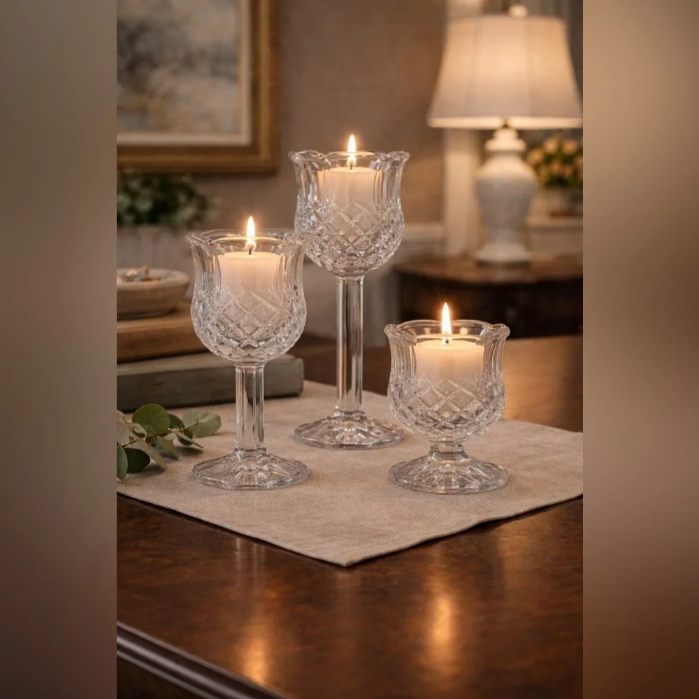 New Home Interiors Stemmed Glass Candle Holder Set | 3-Piece Votive Holders